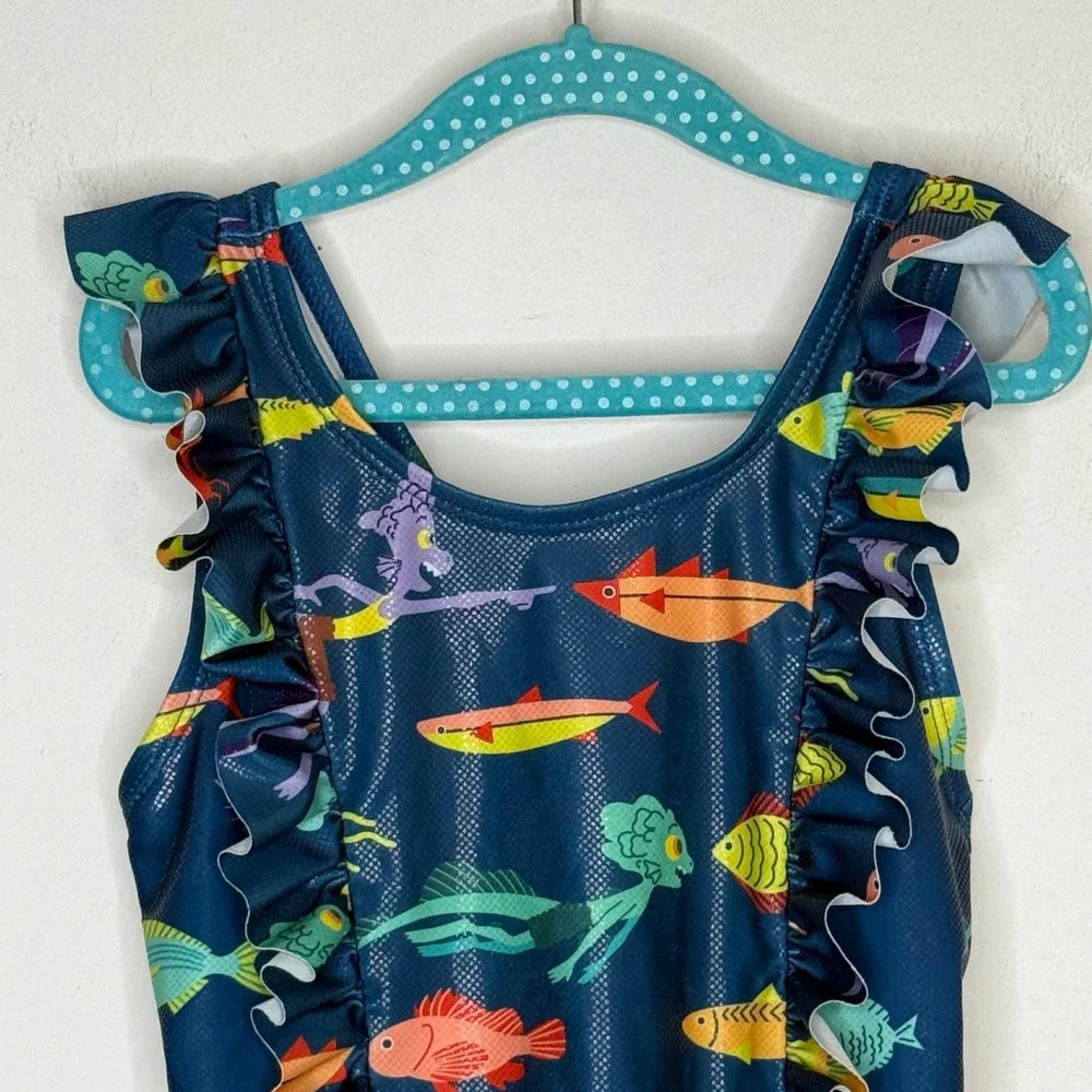 Disney Luca Swimsuit Size 7/8 Blue Ruffle One Piece Swimwear Pixar Summer Beach